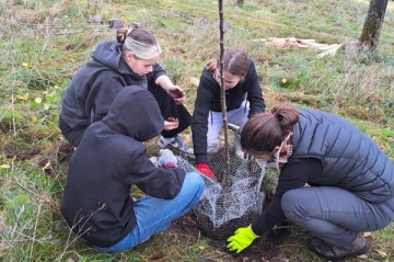 Schülerinnen der Mittelschule Ensdorf pflanzen Bäume auf der Streuobstwiese von Don Bosco Ensdorf